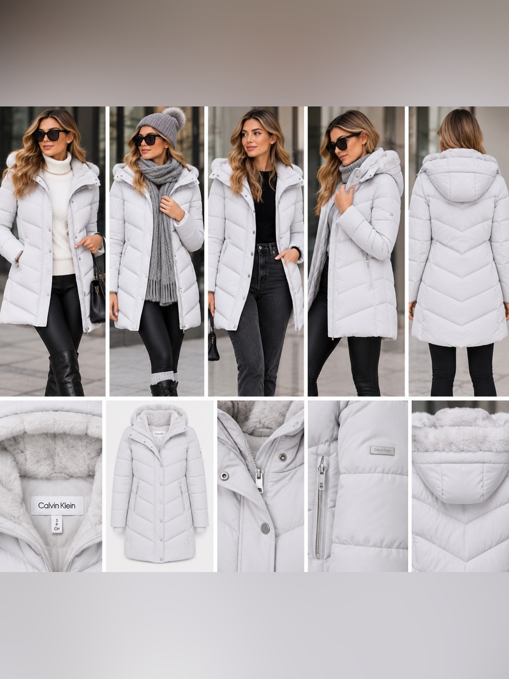 Calvin Klein Light Gray Quilted Puffer Coat Faux Fur Hood NWT Small